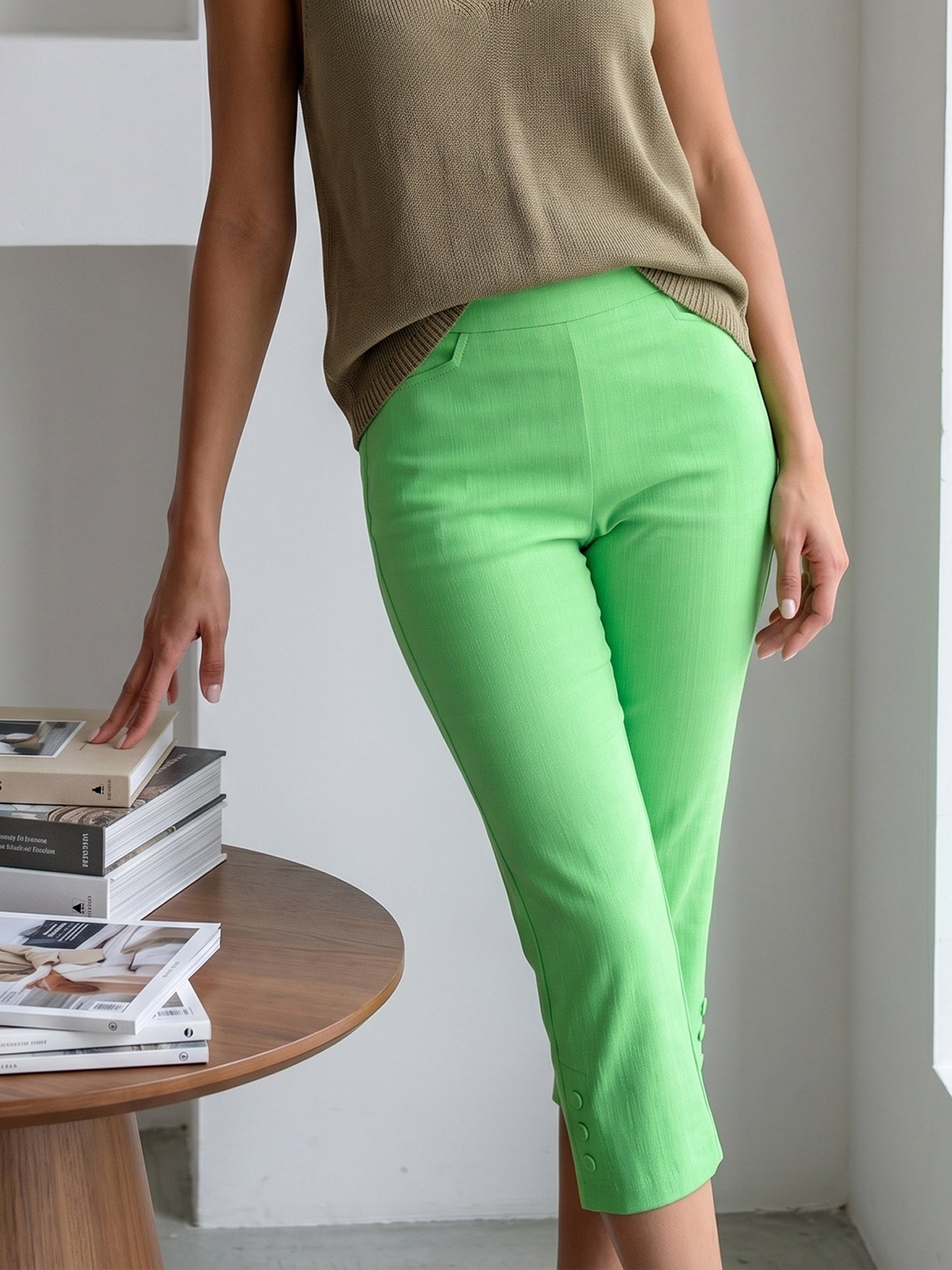 Women'S High-waisted Slim-fitting Capri Pants, Suitable For, Work And Daily Wear, With Pockets
