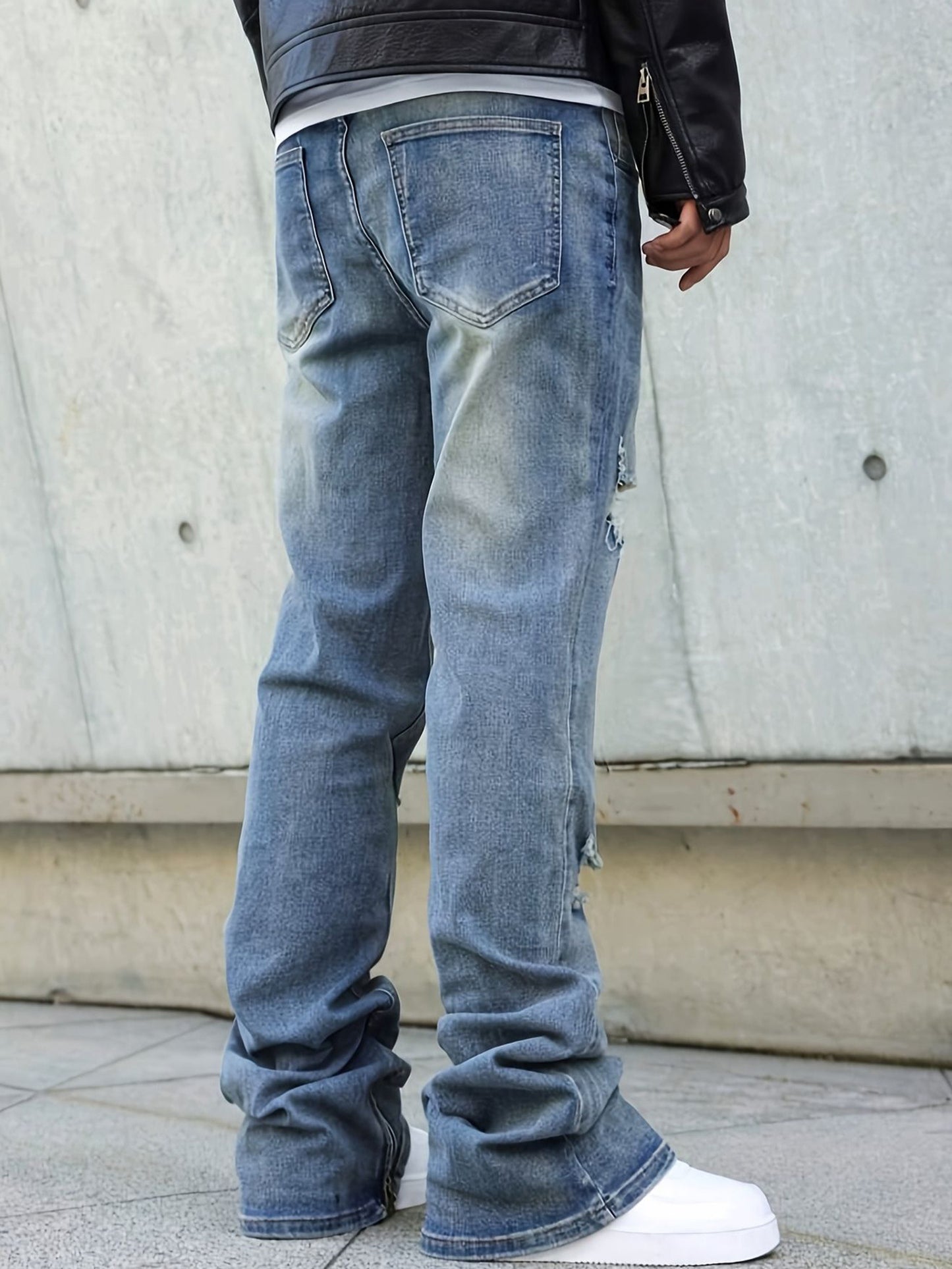 Men's Straight-leg Distressed Jeans- Mid-rise, Stretch Blend, Leg Zipper Design, Street Style, Ripped Details, Comfortable and Versatile, Suitable Trendy Outfits, Stylish Long Pants Slim-fit Jeans Durable Fabric