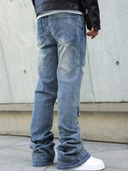 Men's Straight-leg Distressed Jeans- Mid-rise, Stretch Blend, Leg Zipper Design, Street Style, Ripped Details, Comfortable and Versatile, Suitable Trendy Outfits, Stylish Long Pants Slim-fit Jeans Durable Fabric