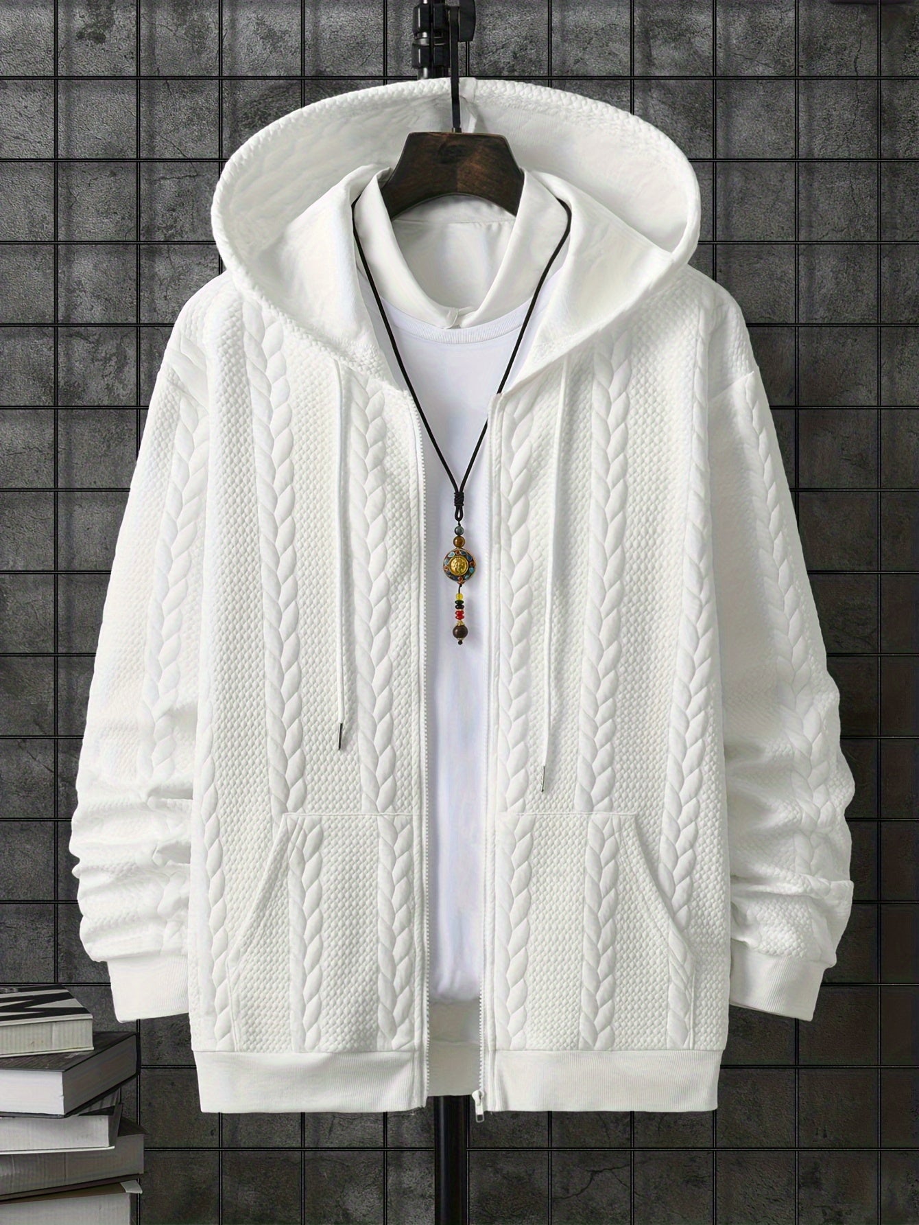 [Brown Hooded Jacket] Stylish Brown Men'S Hooded Jacket| Long Sleeve, Casual Knit Zip-Up with Pockets, All-Season Wear