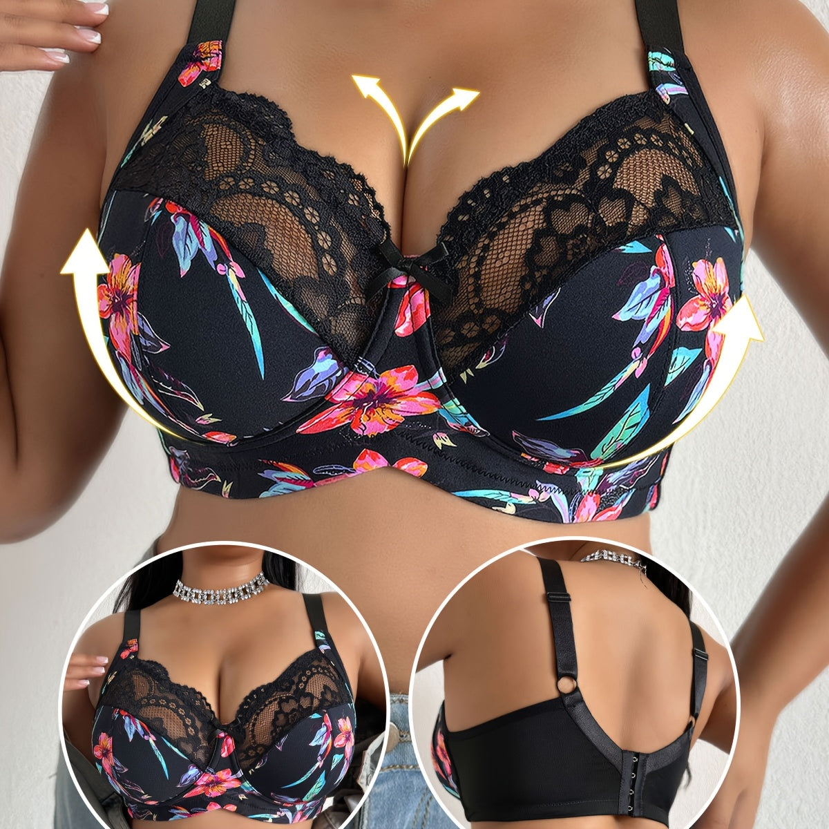 Women Deep V U-Back Bra, Floral Print Lace Spliced, Wire-Free Non-Padded Thin Breathable Intimates, Daily Lingerie For Spring Summer