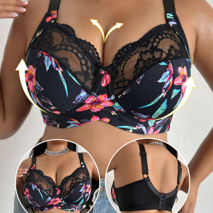 Women Deep V U-Back Bra, Floral Print Lace Spliced, Wire-Free Non-Padded Thin Breathable Intimates, Daily Lingerie For Spring Summer