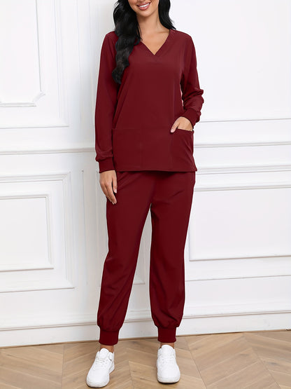 Women'S V-Neck Long Sleeve Elastic Uniform Set with Pockets, Breathable Stretch Top And Waist Cord Pocket Pants Two-Piece Set