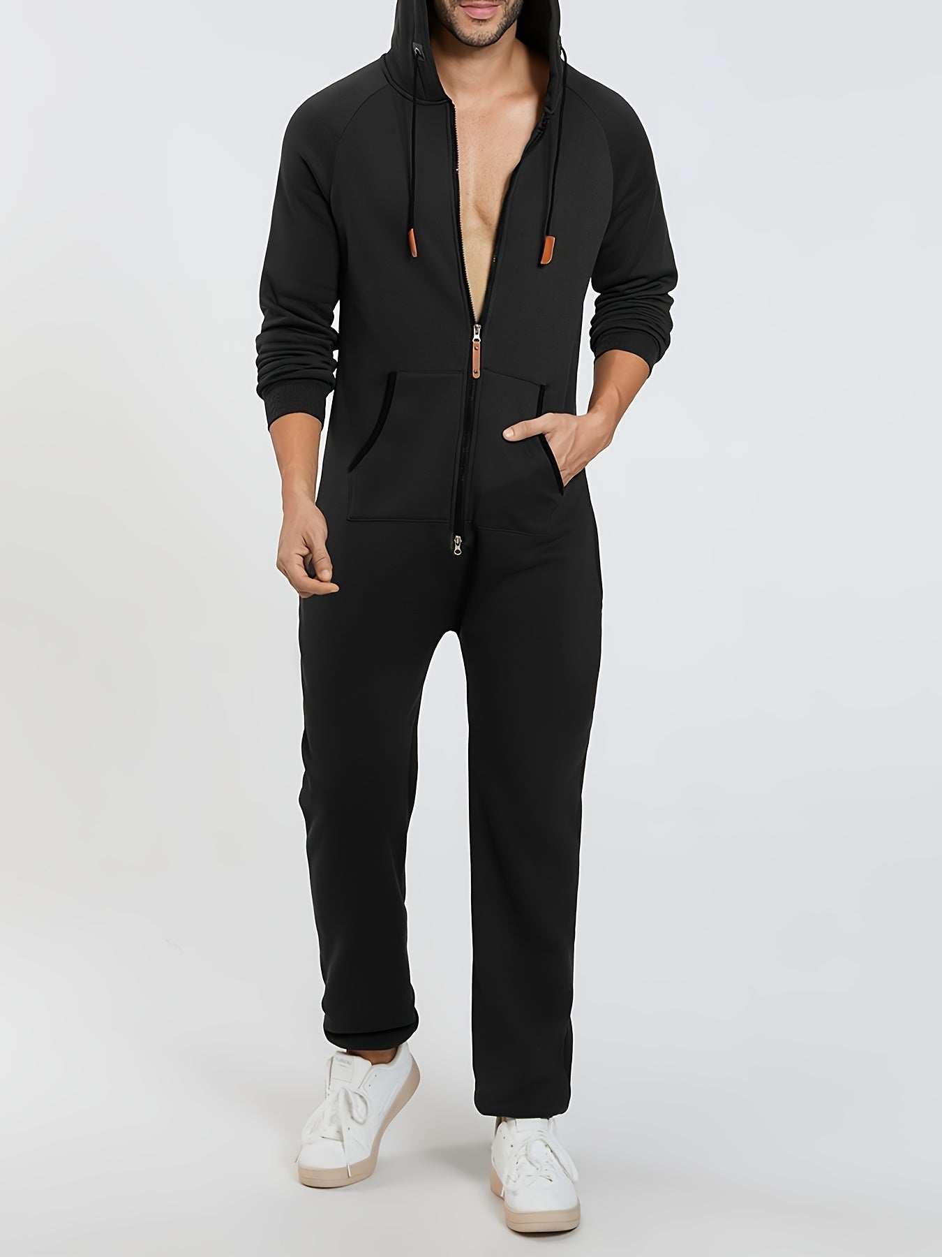 Lkwxsai Men'S Hooded Fleece Lining Jumpsuit, Long Sleeve Full Zipper Overalls with Kangaroo Pockets