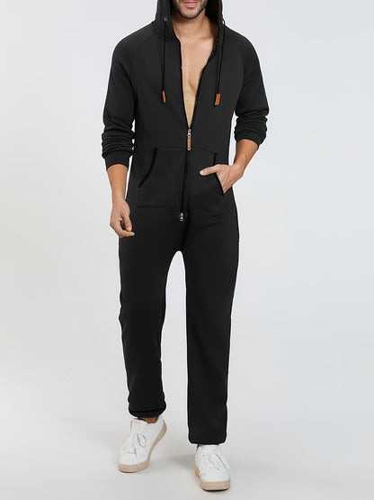 Lkwxsai Men'S Hooded Fleece Lining Jumpsuit, Long Sleeve Full Zipper Overalls with Kangaroo Pockets