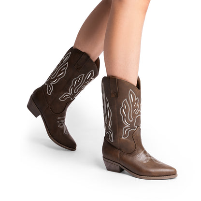 Women's Cowboy Boots Mid Calf Cowgirl Boots Embroidery Stitched Western Boots