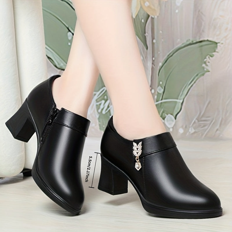 Women'S Elegant Glossy Faux Cover Chunky Heel Ankle Boots with Golden-Tone Buckle And Zipper Closure - Round Toe Synthetic Cover Dress Shoes, All-Season Versatile Casual to Formal Wear, High Heel Boots, Women Shoes