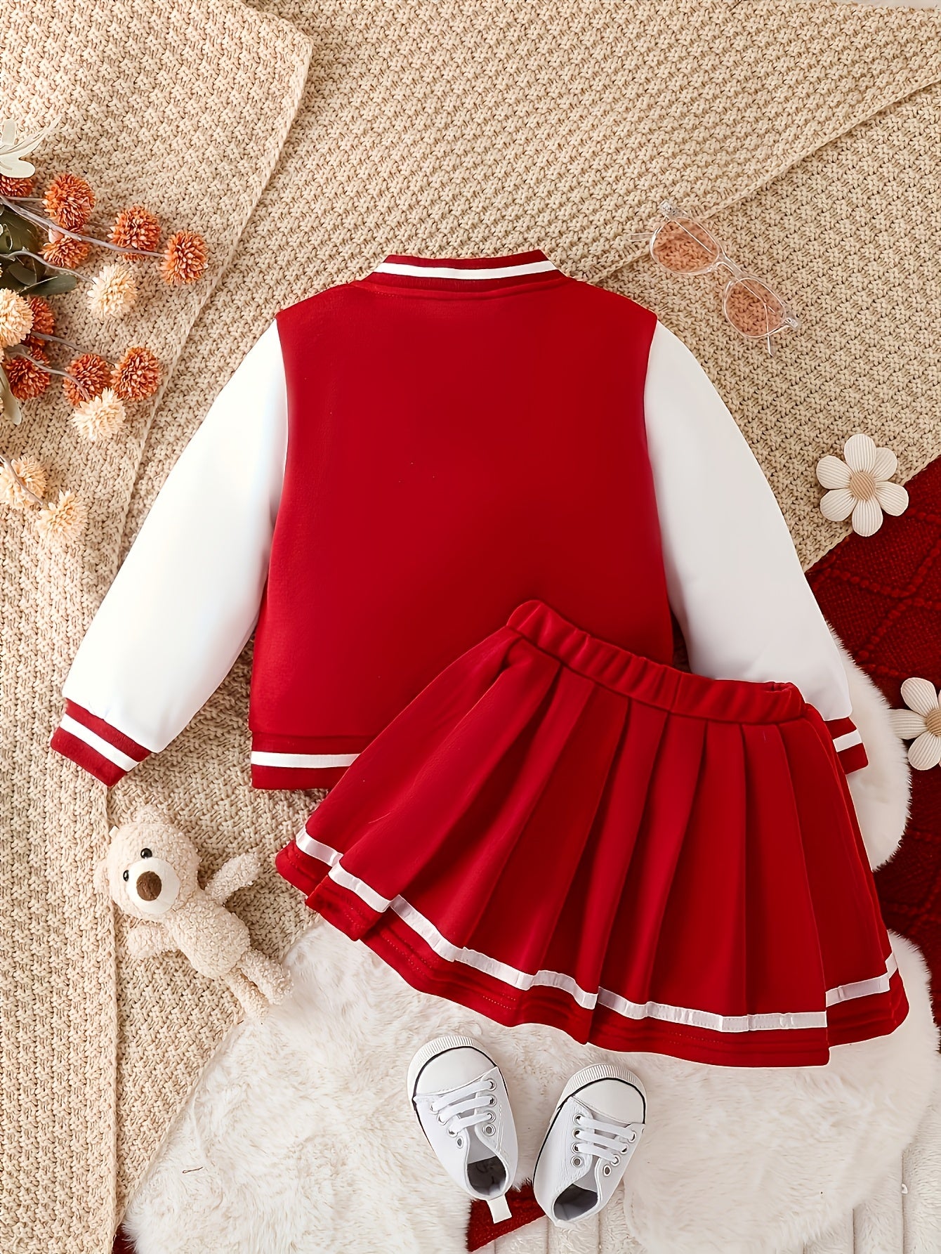 Preppy Style Girls 2pcs GIRL Print Baseball Jacket + Pleated Skirt Set For Party Sports Gift, for Outdoor