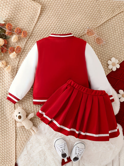Preppy Style Girls 2pcs GIRL Print Baseball Jacket + Pleated Skirt Set For Party Sports Gift, for Outdoor