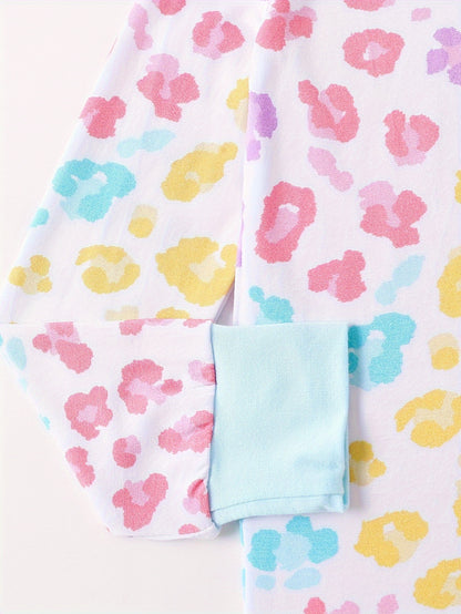 JUNBLEBABY Bamboo Fiber Skinny Pajama Set - Brown Leopard Print Long Sleeve And Pants, Stretchy Viscose Blend, Crew Neck, Casual Style for Youngsters