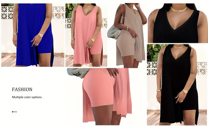 Black Polyester V-Neck Sleeveless Shorts - product view 6
