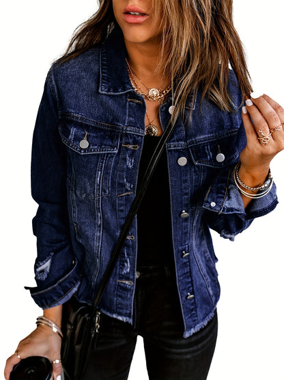 Women's Ripped Washed Button-Up Boyfriend Denim Jacket Coat with Pockets, Casual Classic Distressed Denim Outerwear TZ001