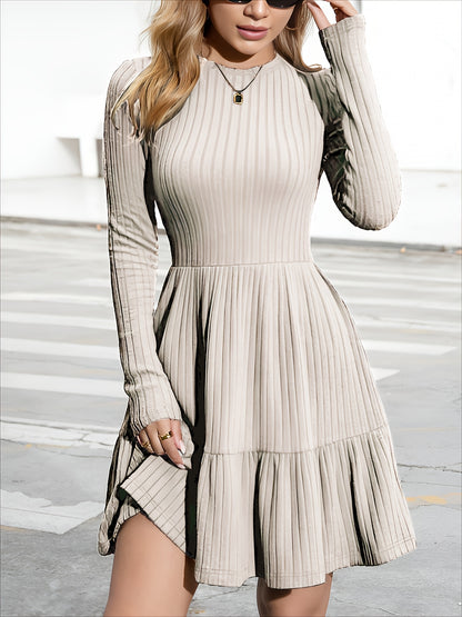 Autumn Style Casual Ruffle Trimmed Skirt, Fitted A-Line Mini Spring Sweater Dress with Knee-Length Fashionable Long Sleeves, A-Line Skirt, Round Neckline, Dropped Shoulder Hem, Fabric, Short Dress, Elegant Women'S Ribbed Long Sleeve Dress