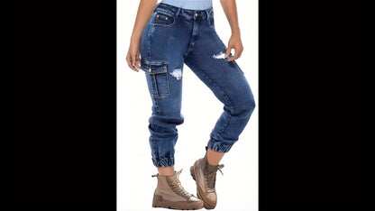 Women'S Distressed Stretch Cropped Denim Jeans - Fashionable Elastic Cuff, Multi-Pocket Casual Cargo Style, Washed Blue with Golden Accents, Casual Denim Wear|Sporty Cropped Jeans|Durable Fabric