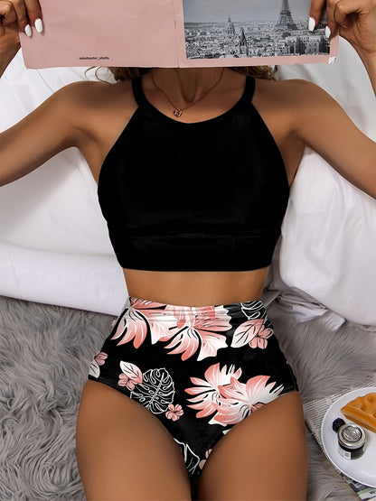 1set Women'S High-Waisted Bikini Set, Quick-Dry Polyester Knit Fabric, Sleeveless, Floral Print, Conservative Beach Swimwear