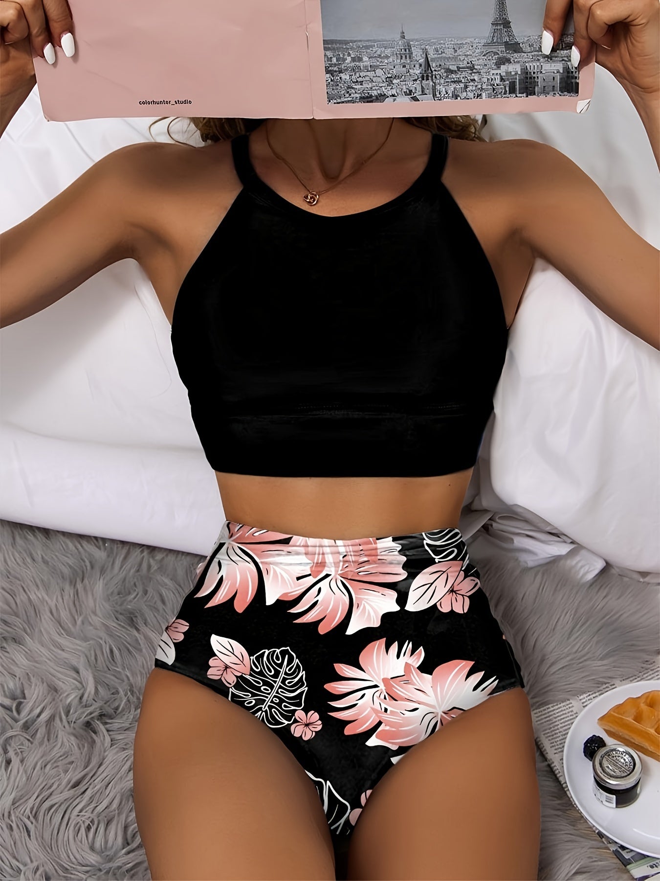 1set Women'S High-Waisted Bikini Set, Quick-Dry Polyester Knit Fabric, Sleeveless, Floral Print, Conservative Beach Swimwear