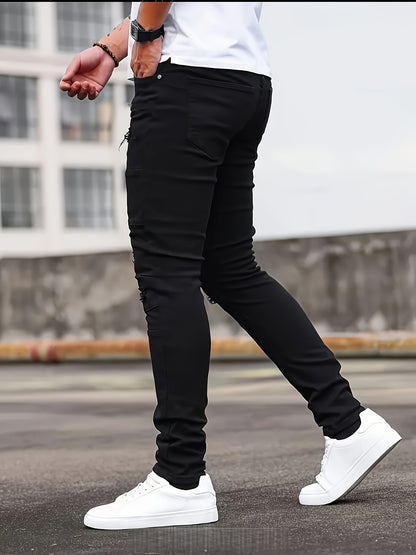 [HME] Men'S Casual Jeans, Fashionable Perforated Patch Style, Three-Dimensional Cut And Patchwork Design, Mid-Waist Elastic Slimming Skinny Pants, Suitable for All Seasons, Essential for Daily Casual Wear Men'S Denim Long Pants
