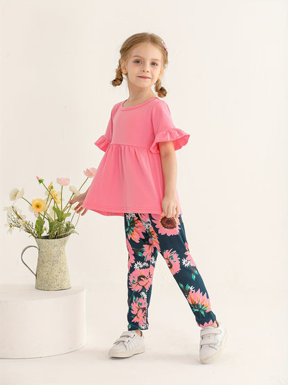 KuKitty Toddler Baby Girl Clothes Solid Color Flared Sleeve Ruffle Tops Sunflower Print Pants Outfits Set, Perfect for Outdoor