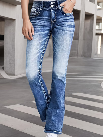 New High-Waisted Fashionable And Versatile Stretch Jeans for Fall 2024, Comfortable And Slim Embroidered Bootcut Jeans in Blue