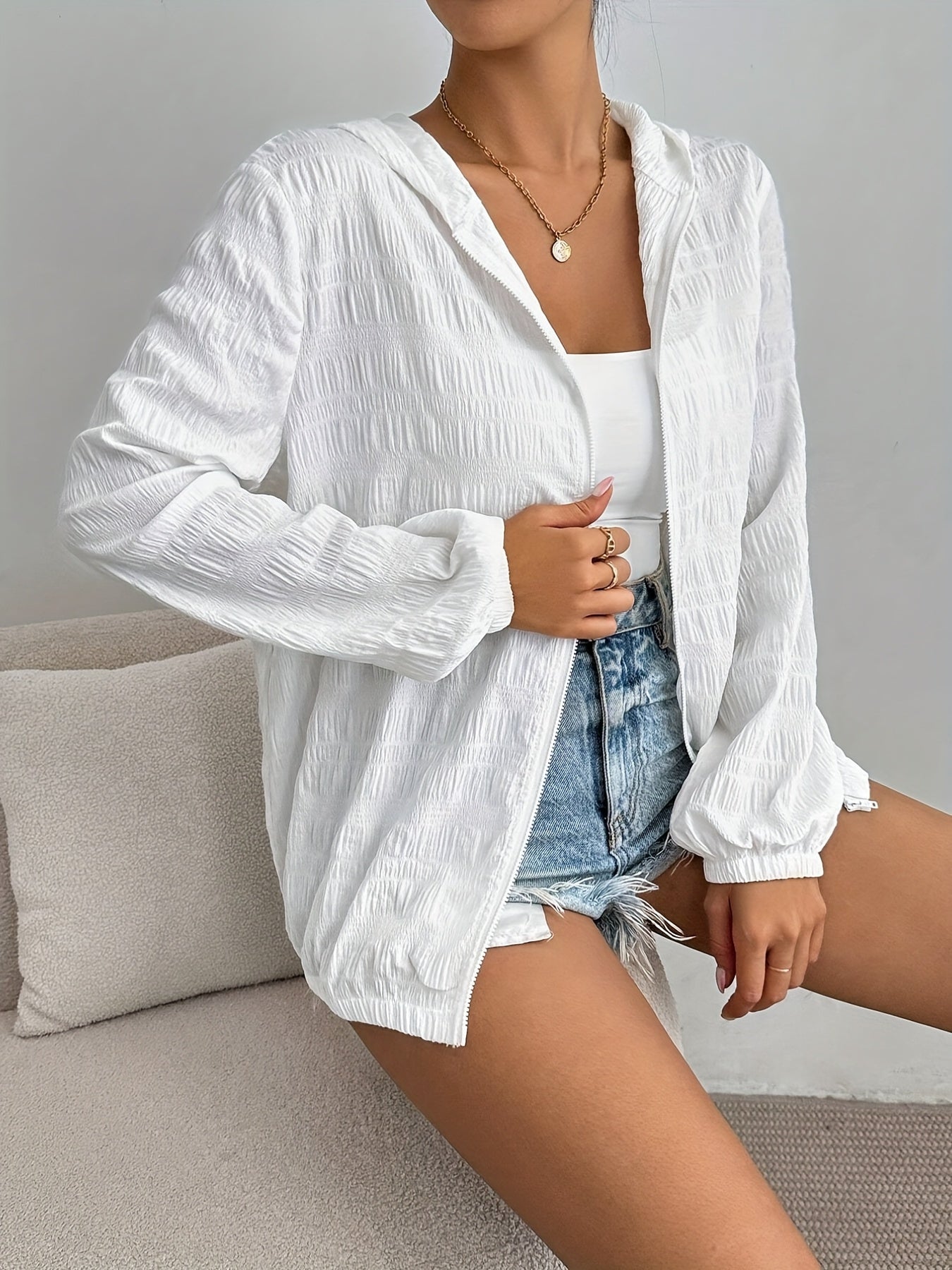 Women'S Lightweight White Hooded Jacket | Casual Pleated Design, Zip-Up Closure, Long Sleeves, Machine Washable - Versatile Outerwear for Fall, Spring, and Summer, Fashion and Leisure