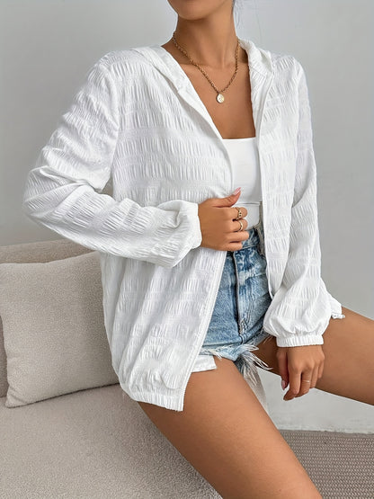 Women'S Lightweight White Hooded Jacket | Casual Pleated Design, Zip-Up Closure, Long Sleeves, Machine Washable - Versatile Outerwear for Fall, Spring, and Summer, Fashion and Leisure