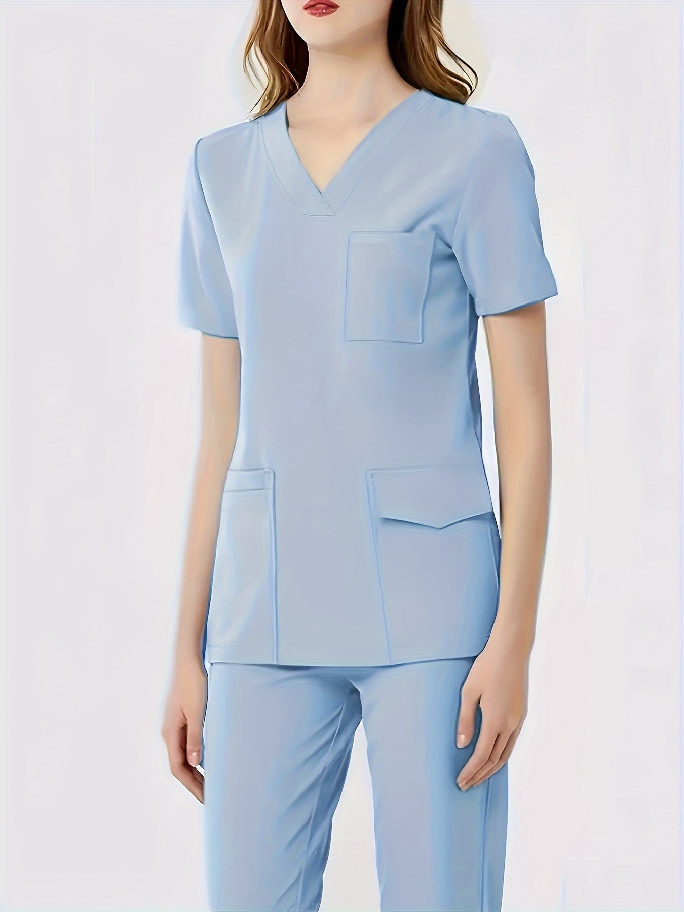 Ultra-Soft Womens Two-Piece Health Care Uniform Set - Stylish V-Neck Top With Practical Pockets & Sleek Solid Pants - Premium Quality, Comfortable Everyday Wear For Women