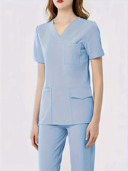 Ultra-Soft Womens Two-Piece Health Care Uniform Set - Stylish V-Neck Top With Practical Pockets & Sleek Solid Pants - Premium Quality, Comfortable Everyday Wear For Women