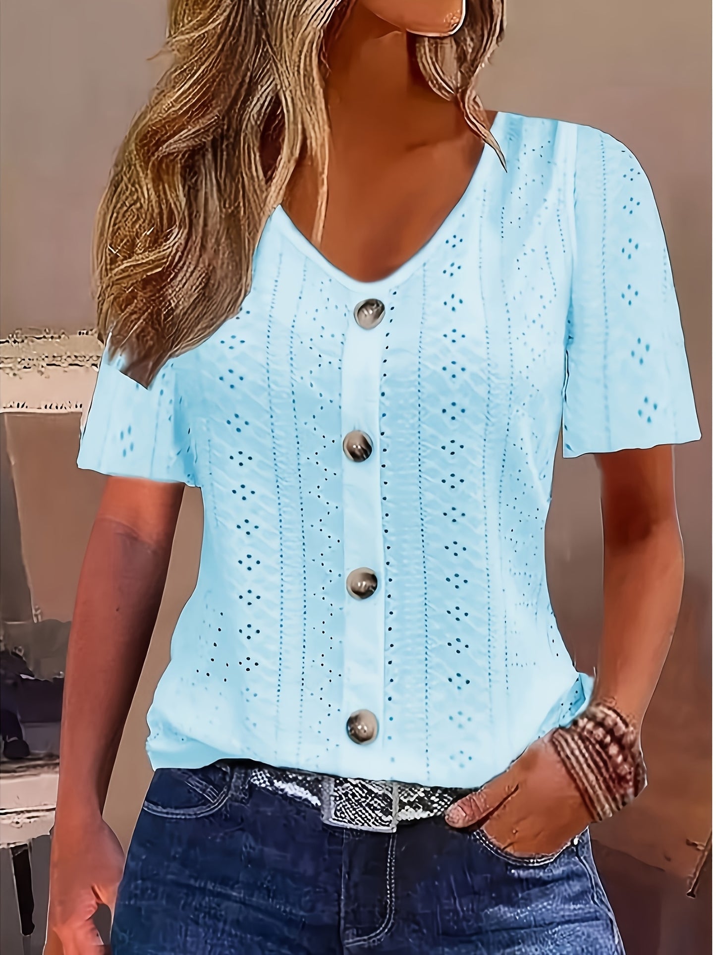 Short-Sleeved T-Shirt for Women with Button Embellishments, Featuring a Stylish Solid Color V-Neck, Made from Breathable with High Elasticity, And a Semi-Transparent Jacquard Design, Perfect for Spring And Summer