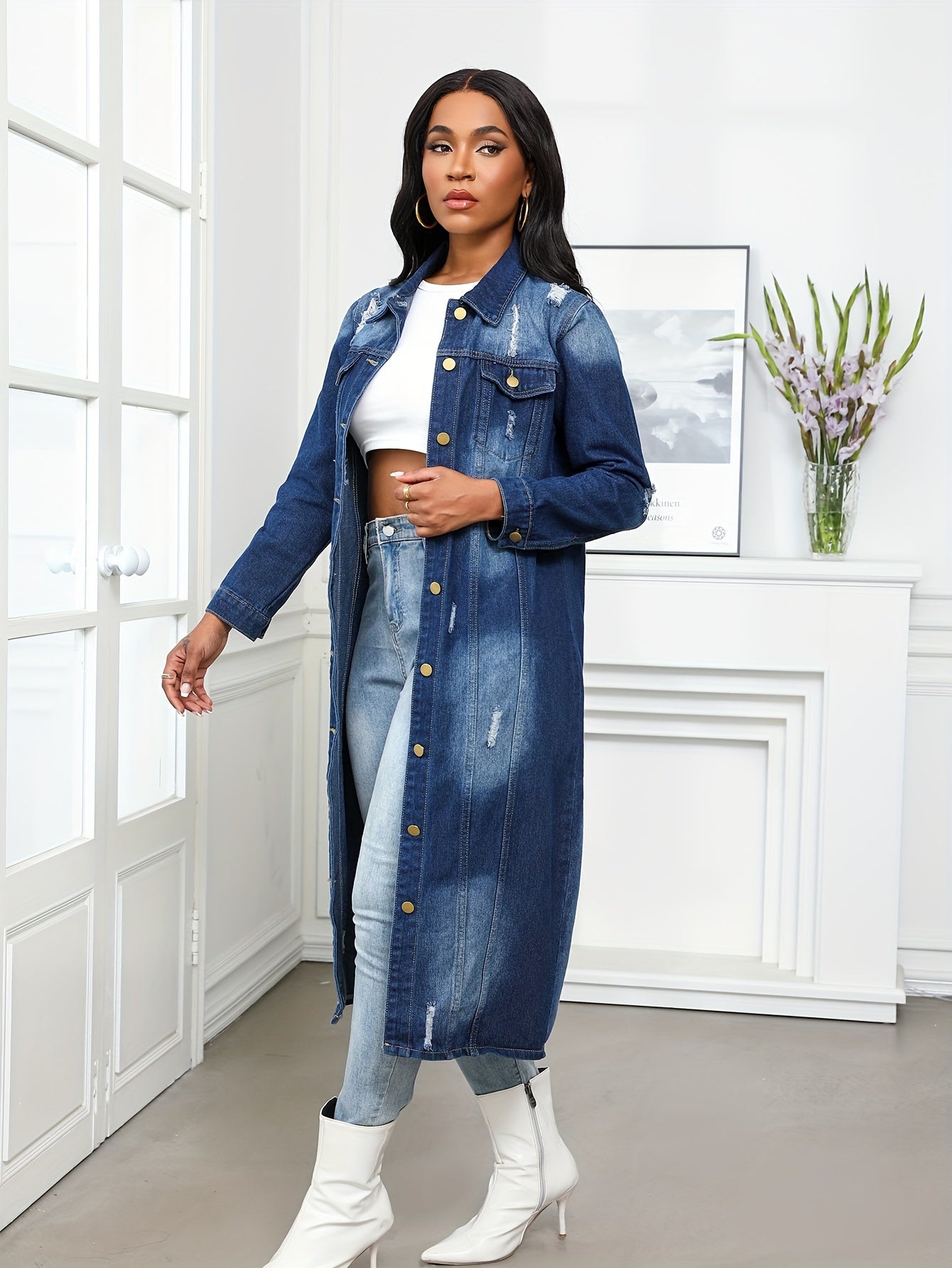 Long Denim Coat with Worn Holes Long Denim Trench Coat for Women