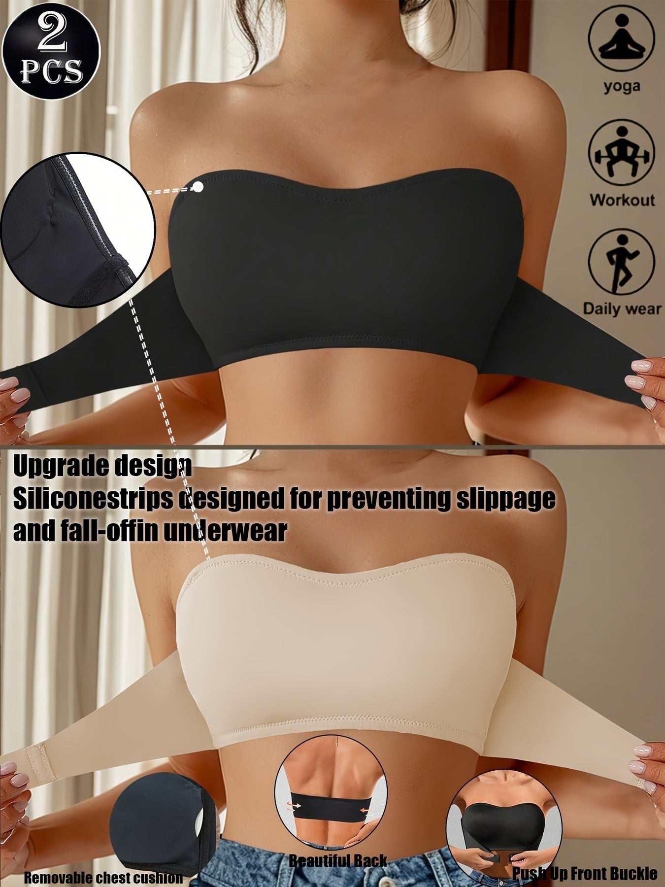 2pcs Strapless Bandeau Bras Tube Top Front Closure Wireless Bra Summer Traceless Bras Solid Seamless Bra Sexy Comfy Push Up Bra Women's Smoothing Backless Tube Top Lingerie Woman Underwear Bralette Brad
