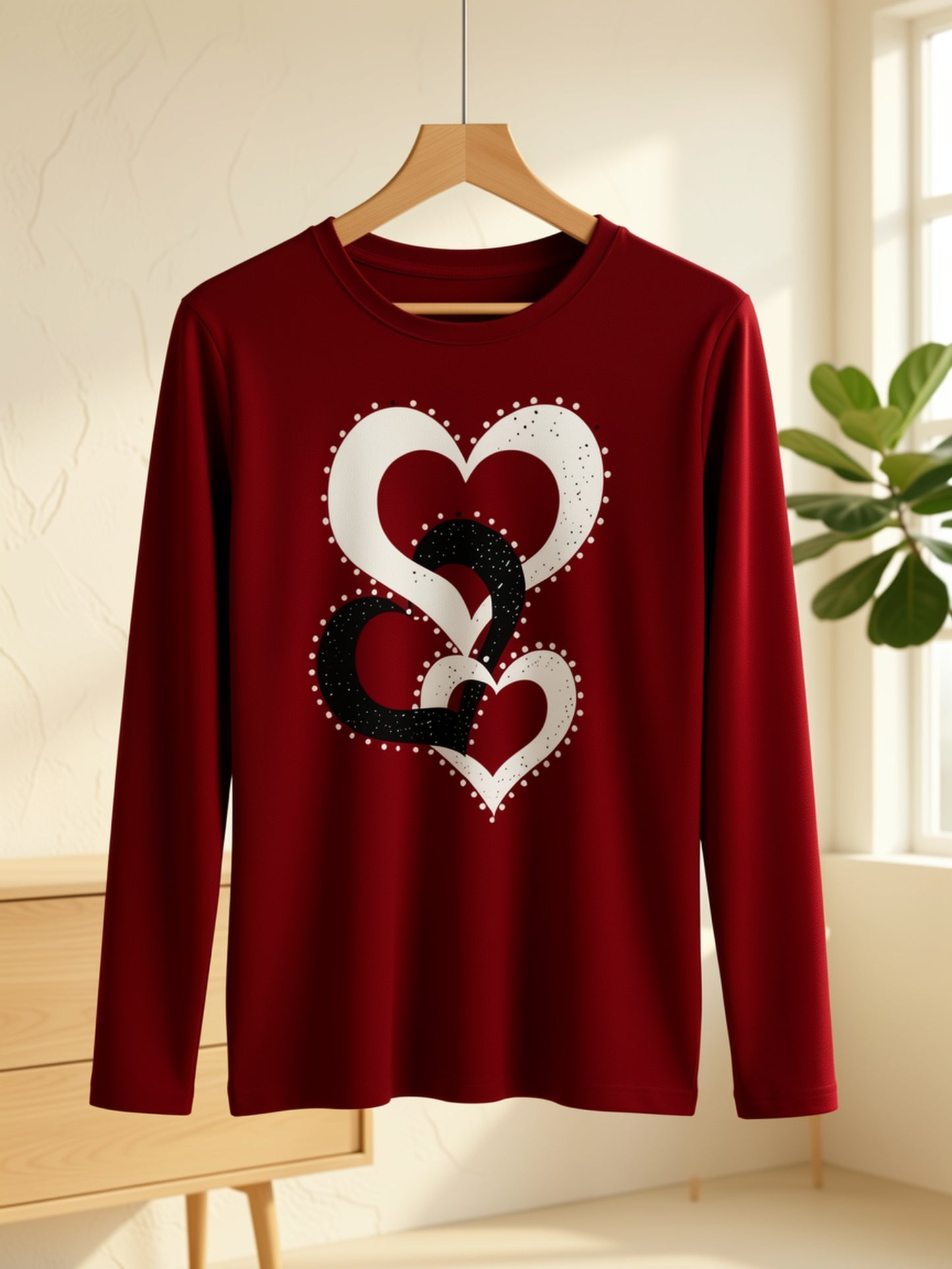 Classic Monochrome Interlinked Heart Design Women'S Long-Sleeve Shirt - Easy to Wash, Breathable, Soft Medium Stretch Material, Suitable for Spring, Autumn, And Winter Women'S Apparel, Length Women'S Wear