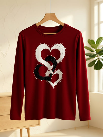 Classic Monochrome Interlinked Heart Design Women'S Long-Sleeve Shirt - Easy to Wash, Breathable, Soft Medium Stretch Material, Suitable for Spring, Autumn, And Winter Women'S Apparel, Length Women'S Wear