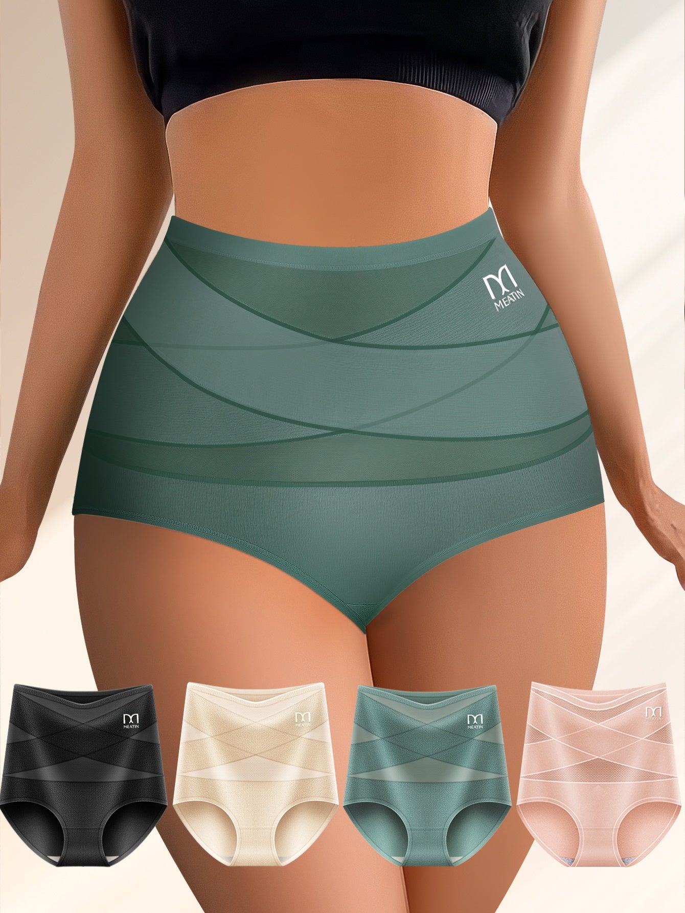 4pcs of high-waist Women's panties designed for postpartum tummy tuck, hip lifting, and shaping. Featuring cross belt splicing, they offer comfort and breathability, making them suitable for home, work, and adjustable high-waisted comfort.
