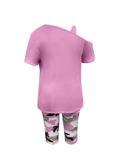 Plus Size - Ladies Plus Size Daily Casual One-Shoulder Short Sleeve Two-Piece Outfit, Diagonal Shoulder Design, Slim Fit Camouflage Pants Suit With Letter Print.