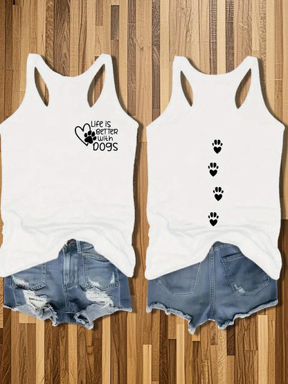 Women's Casual Sleeveless Round Neck Vest - Double-Sided Cat & Dog Paw Print Design, Cotton Lightweight Summer Top, Machine Washable Pet Lover Apparel, Outdoor Relaxation Clothing, Nontransparent Fabric
