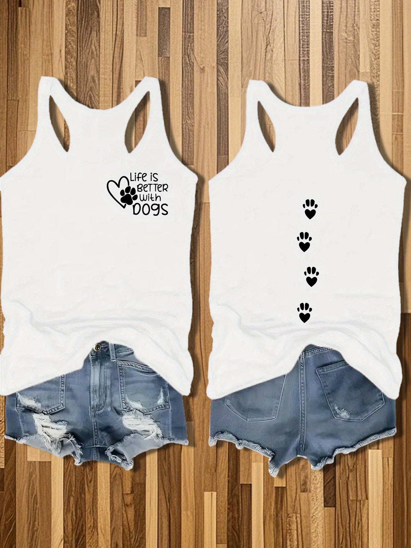 Women's Casual Sleeveless Round Neck Vest - Double-Sided Cat & Dog Paw Print Design, Cotton Lightweight Summer Top, Machine Washable Pet Lover Apparel, Outdoor Relaxation Clothing, Nontransparent Fabric