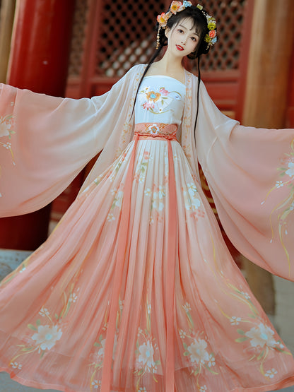 Pink Hanfu with Petal-Like Flowing Skirt And Butterfly Embroidery
