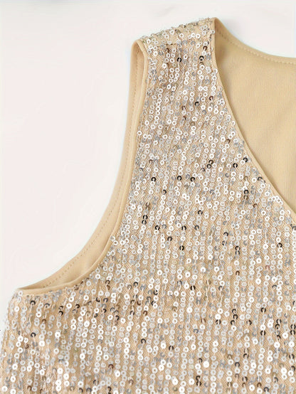 Sparkling Sequin V-Neck Sleeveless Top, Elegant Casual Tank for Spring and Summer Wear