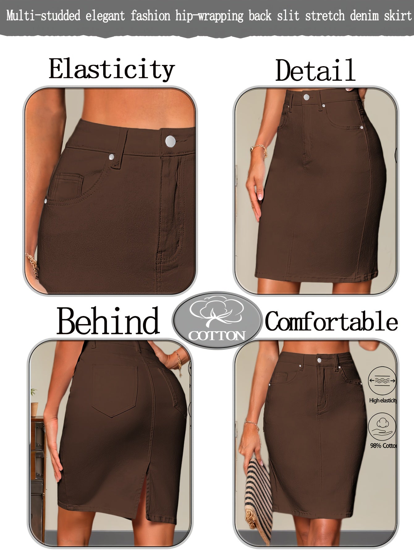 Women's Brown High Waisted Midi Jean Skirt with Stretchy 98% Fabric, Button Front Design, Side Pockets, and Side Slit Detail for a Slim Fit, Perfect for Casual Vintage and Y2K Style Outfits