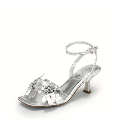 Women's Flower Wedding Heels Cute Square Toe Slingback Low Kitten Heels Sandals with Ankle Strap, Womens Kitten Heel Sandals, Women Shoes