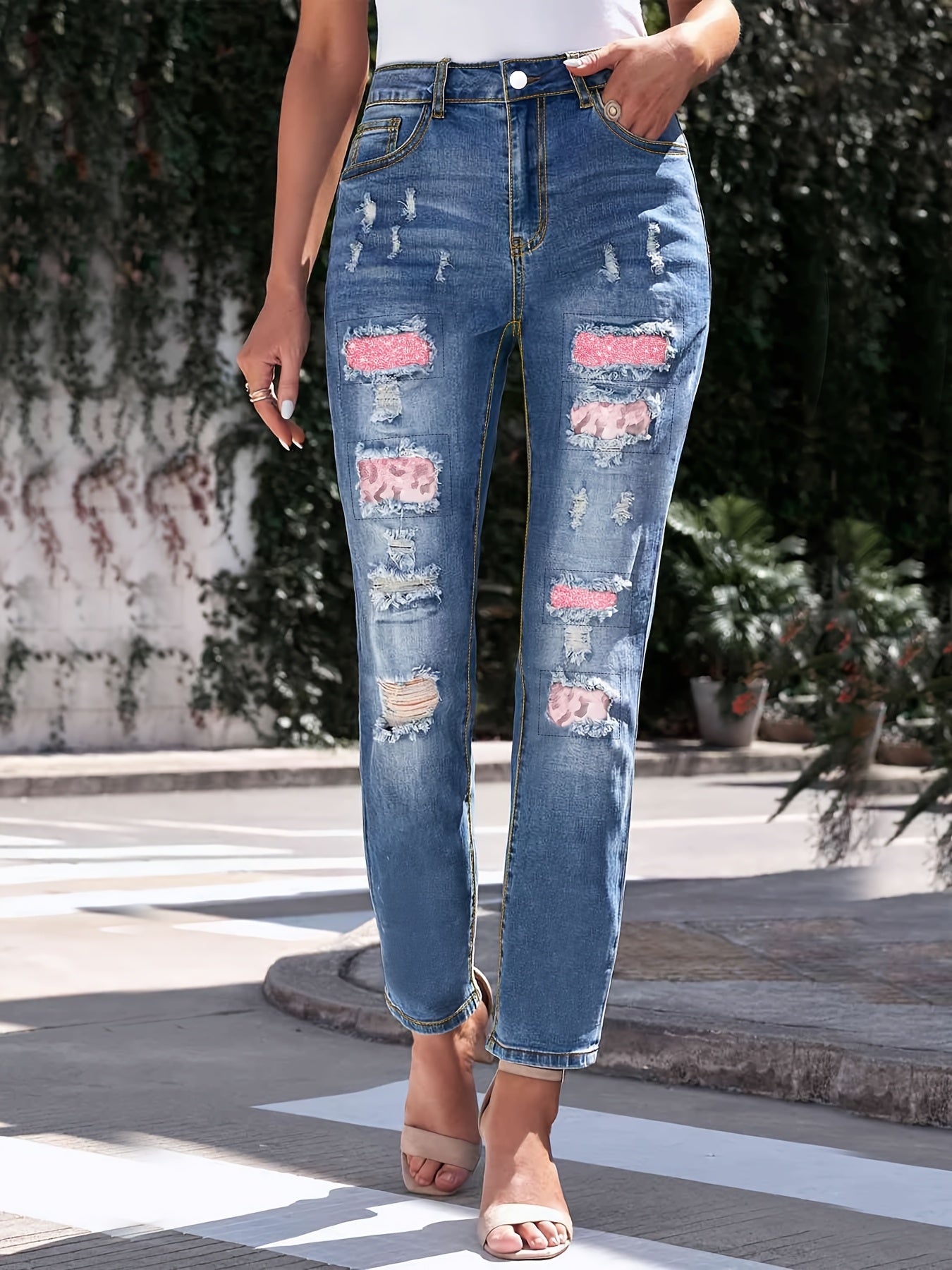 Plus Size Women's High-Waisted Distressed Washed Patchwork Jeans | Pink Leopard Print Patches & Rips | Slim Fit, Unique Fashion Design | Versatile for All Seasons