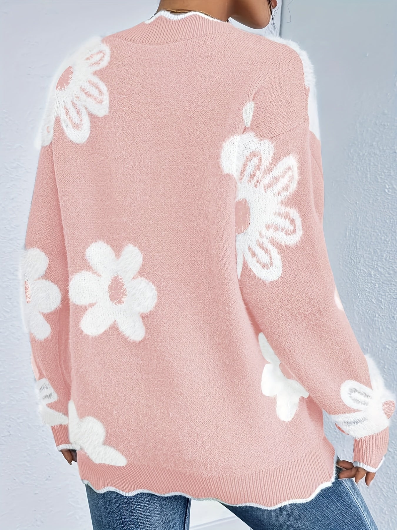 Plus Size - Plus Size - Plus Size - Women'S Plus Size V-Neck Sweater with Floral Pattern - Cozy Gray Long Sleeve Pullover, Casual Fall/Winter Wear, Relaxed Fit, Vneck Sweater