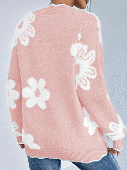 Plus Size - Plus Size - Plus Size - Women'S Plus Size V-Neck Sweater with Floral Pattern - Cozy Gray Long Sleeve Pullover, Casual Fall/Winter Wear, Relaxed Fit, Vneck Sweater