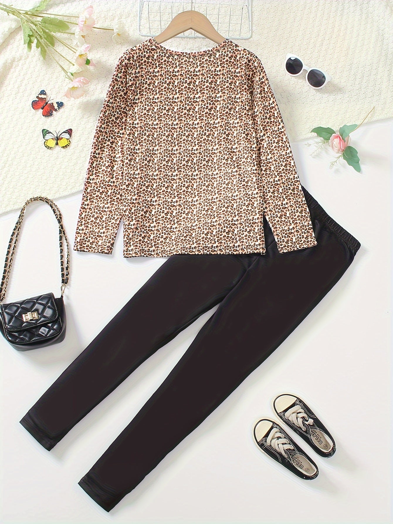 Girls' 2pcs Set Long Sleeve Top and Jeggings with Butterfly & Leopard Print, Crew Neck Pullover, Regular Fit Knit Polyester 95% with 5% Elastane, Long Length, for Spring/Fall Casual Wear, for Outdoor, Perfect for Outdoor