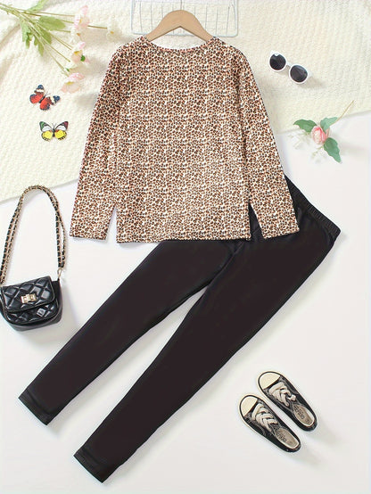 Girls' 2pcs Set Long Sleeve Top and Jeggings with Butterfly & Leopard Print, Crew Neck Pullover, Regular Fit Knit Polyester 95% with 5% Elastane, Long Length, for Spring/Fall Casual Wear, for Outdoor, Perfect for Outdoor