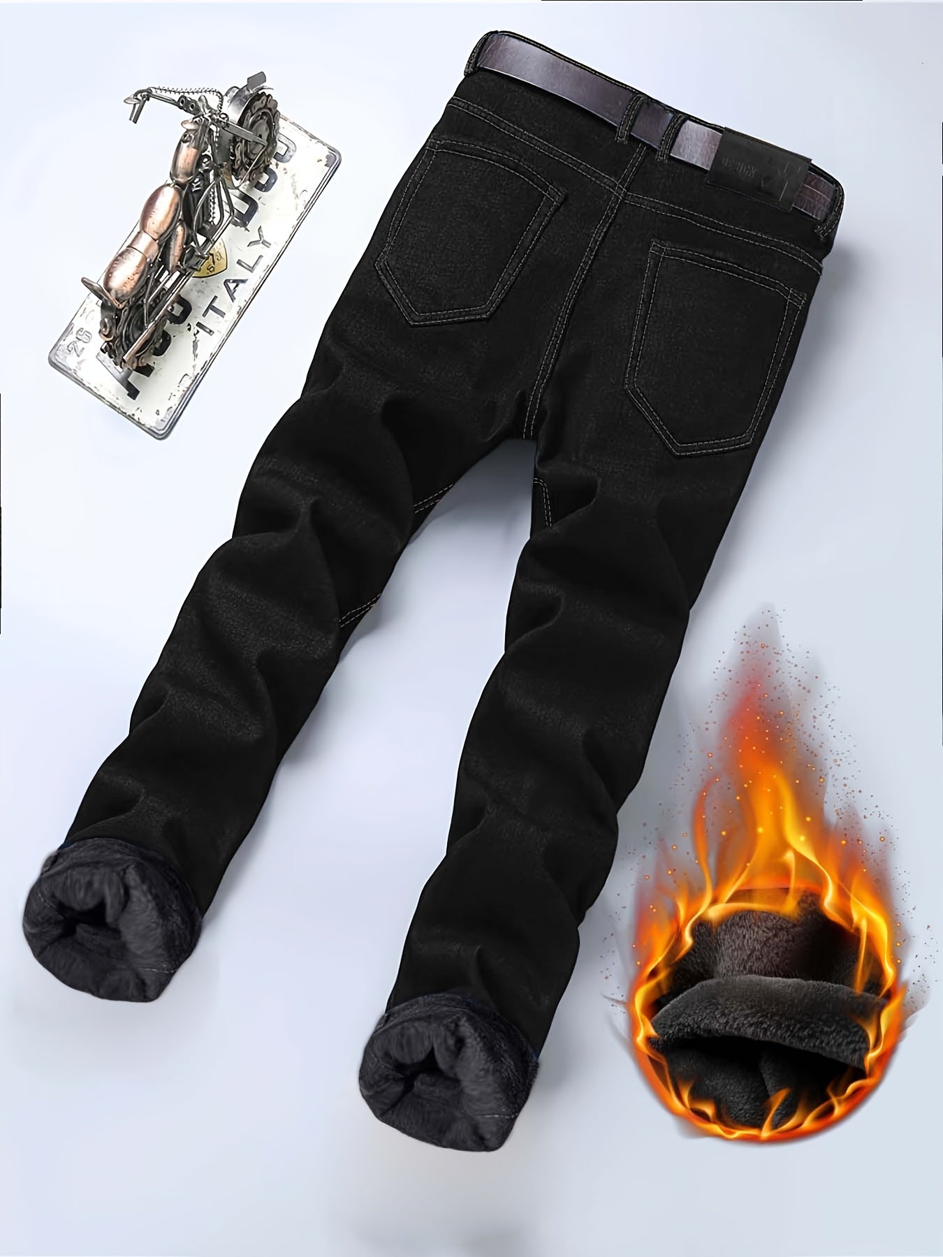 2pcs Men'S Slim Fit Fleece Lined Jeans - Business Casual Thermal Trousers for Winter