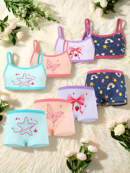 4 Sets/8pcs of Stylish Butterfly Print Vests And Panties for Teen Girls, Soft And Comfortable Underwear