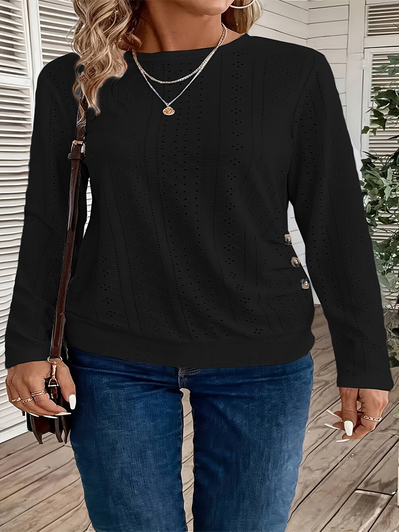 Women's Elegant Long Sleeve T-Shirt - Semi-Sheer Top with Decorative Hollow Buttons, Soft Everyday Blouse for Women, Office, Formal Events - Machine Washable All-Season Tops, Office Attire, Chic Design, Breathable Material, Versatile Topper, Casual Wear