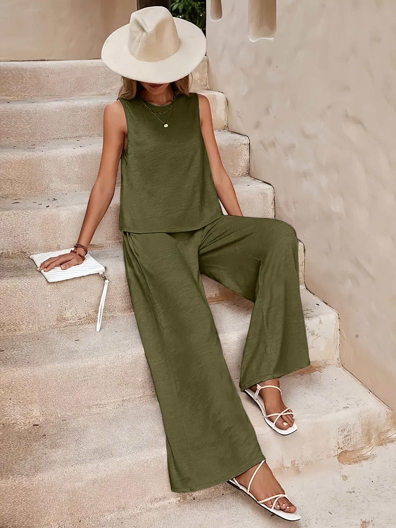 Popular! Women's Sleeveless Crop Top And Wide-Leg Pants Set, Breathable Fabric, Versatile for Vacation And Daily Outfit, Casual Summer Outfit