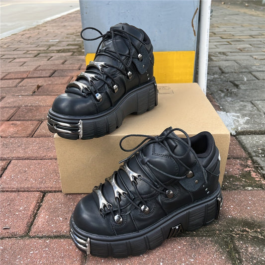Retro Punk Style Unisex Black Thick Bottom Metal Decoration Lace-up Casual Shoes, Women Shoes, Sneakers